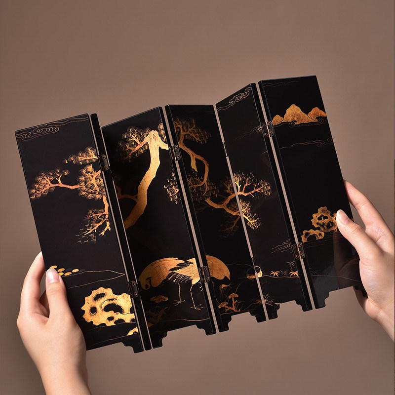 茶空间文创双面小屏风摆件仿古复古茶台漆M器摆件茶道配件礼盒装