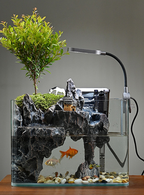 流水版鱼缸造景全套生态小型客厅桌面装J饰摆件水草缸真植物水陆