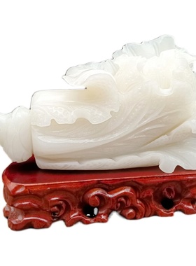 阿富汗白玉白菜摆件纯手工明清古典桌面工艺品实T木根雕底座礼盒