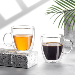 高硼硅耐热玻璃杯子保温双层咖啡杯大容量马克杯带把带盖家用水杯