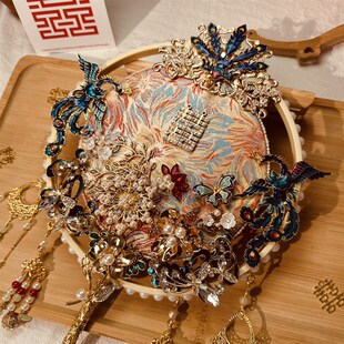 结婚团扇秀禾婚礼喜扇出嫁手工宫扇子双面蓝色秀禾新娘d.iy材料包