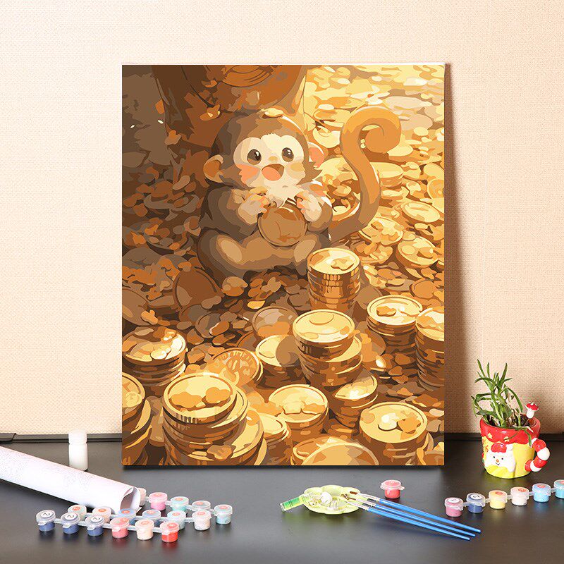 数字油画diy手工填充喜庆小猴子抱金币富贵手绘填V涂色装饰油彩画
