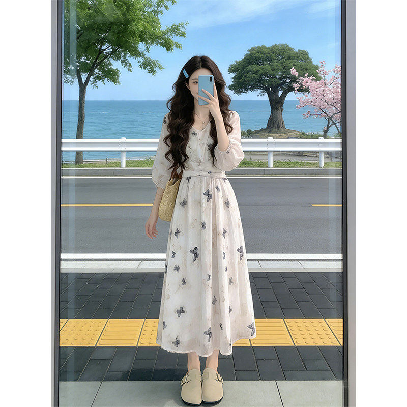 大码女装2026早春新款胖mm收腰显瘦法式气质减龄七分袖碎花连衣裙
