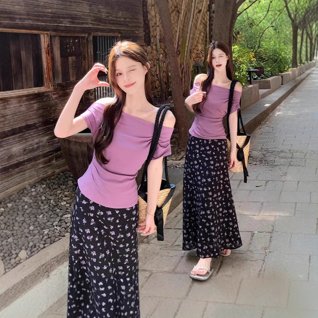 大码休闲微胖套装女夏季短袖上衣胖MM显瘦高腰碎花半身裙子两件套