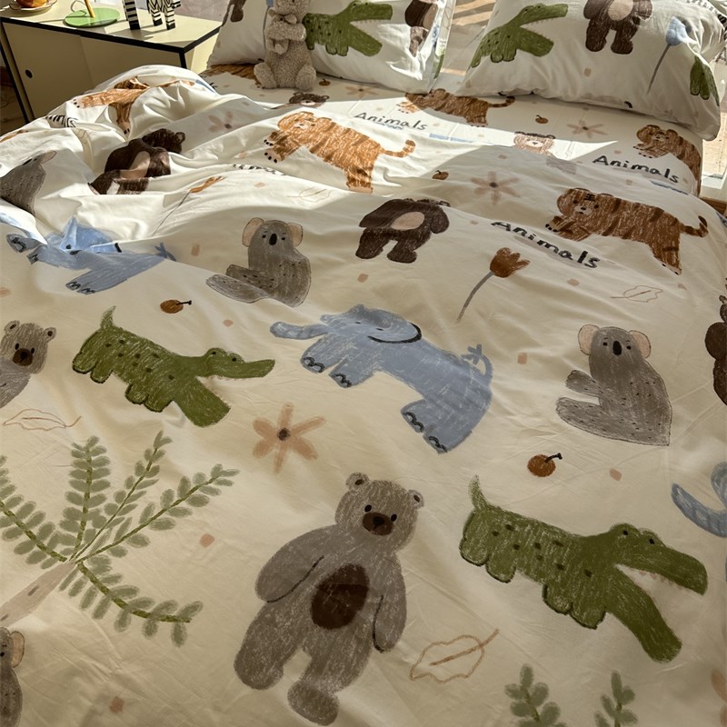 童趣涂鸦动物园床上纯棉四件套1.z5m1.8米公寓全棉床单被套三件套