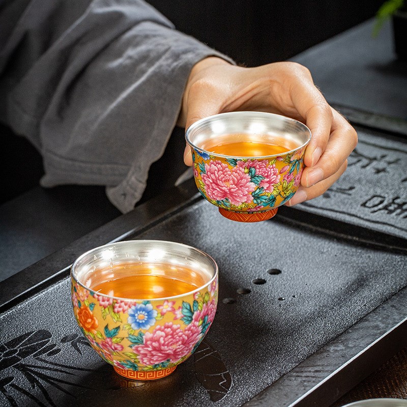 速发轻奢银茶具真盒包银套装瓷鎏杯茶壶功夫茶杯主人银整套礼银装