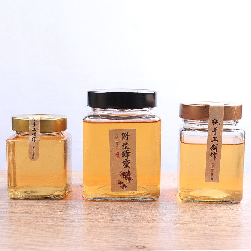速发玻璃蜂蜜瓶酱形酱菜瓶密封透明罐头瓶果方瓶六椒酱辣棱瓶现货