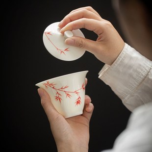 猪油白仿古红竹I二才茶碗 玉泥手绘盖碗 陶瓷家用泡茶碗