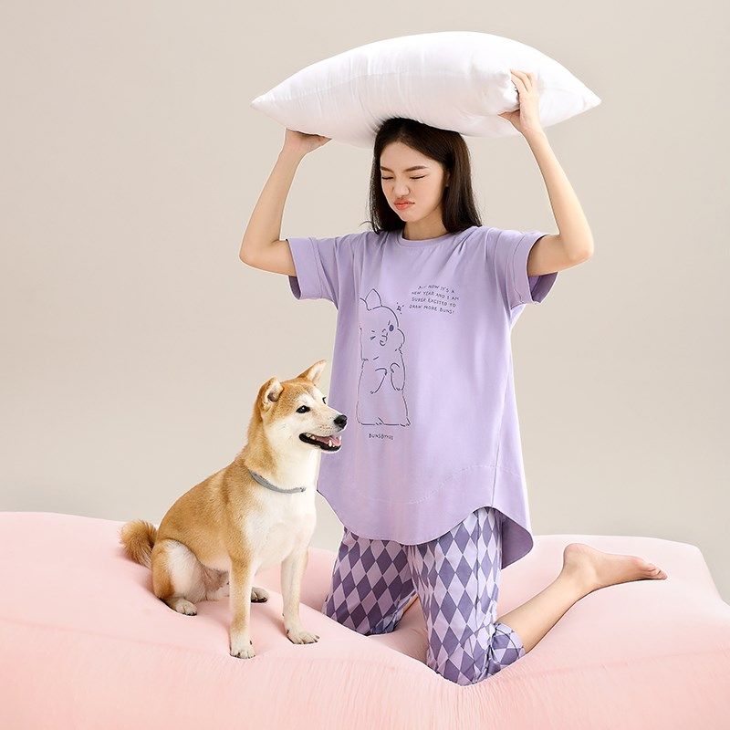 睡衣女夏季纯棉短袖七分裤卡通家居服全棉长款居家服薄款外穿套装,女士内衣/男士内衣/家居服,睡衣/家居服套装,淘宝优惠券,粉丝福利购,淘宝优惠卷