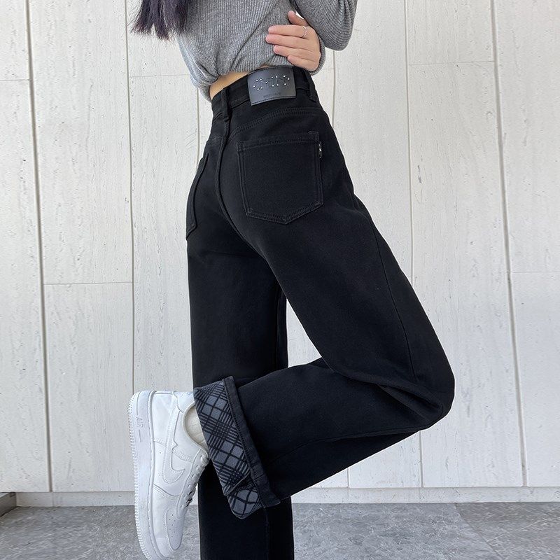 黑色加绒窄版阔腿牛仔裤女2025冬季新款高腰显瘦宽松梨型直筒裤子