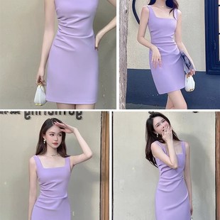 2024年夏季女装法式紫色方领气质修身短款连衣裙吊带裙裙子