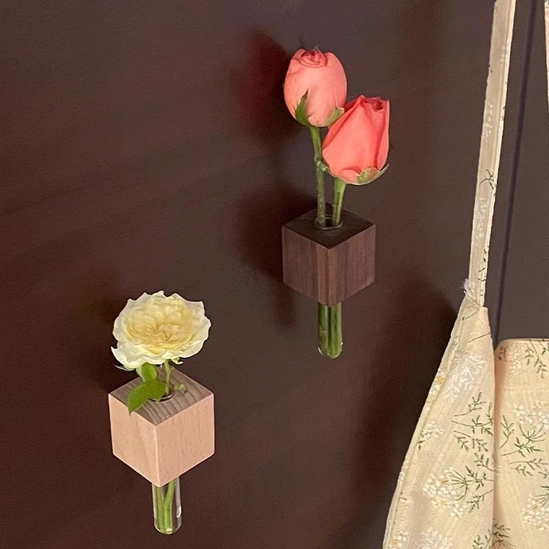 实木创意插花器冰箱贴个性养花立体种花吸玻璃试管花瓶磁磁铁装饰