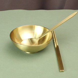 家用防烫A黄铜饭碗工艺品结婚礼物金黄铜饭 纯铜加厚碗筷勺叉套装