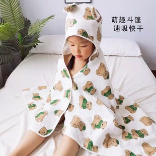 新款 纯棉纱J布带帽披风超柔速干洗澡 连帽斗篷浴巾儿童浴袍四季 款