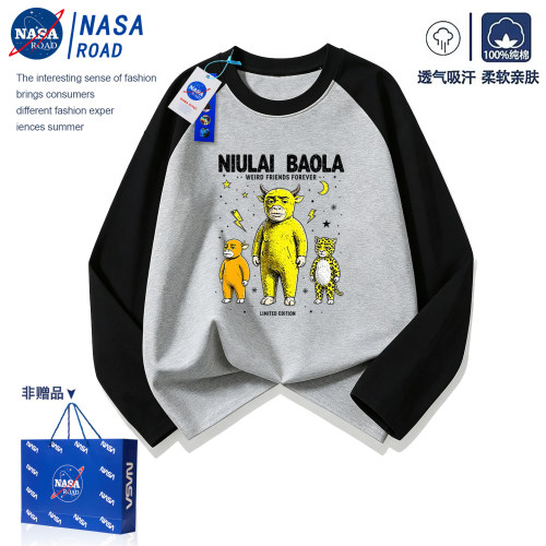 NASA联名牛来t恤儿童纯棉打底衫2026新款搞怪抽象上衣男女童秋装