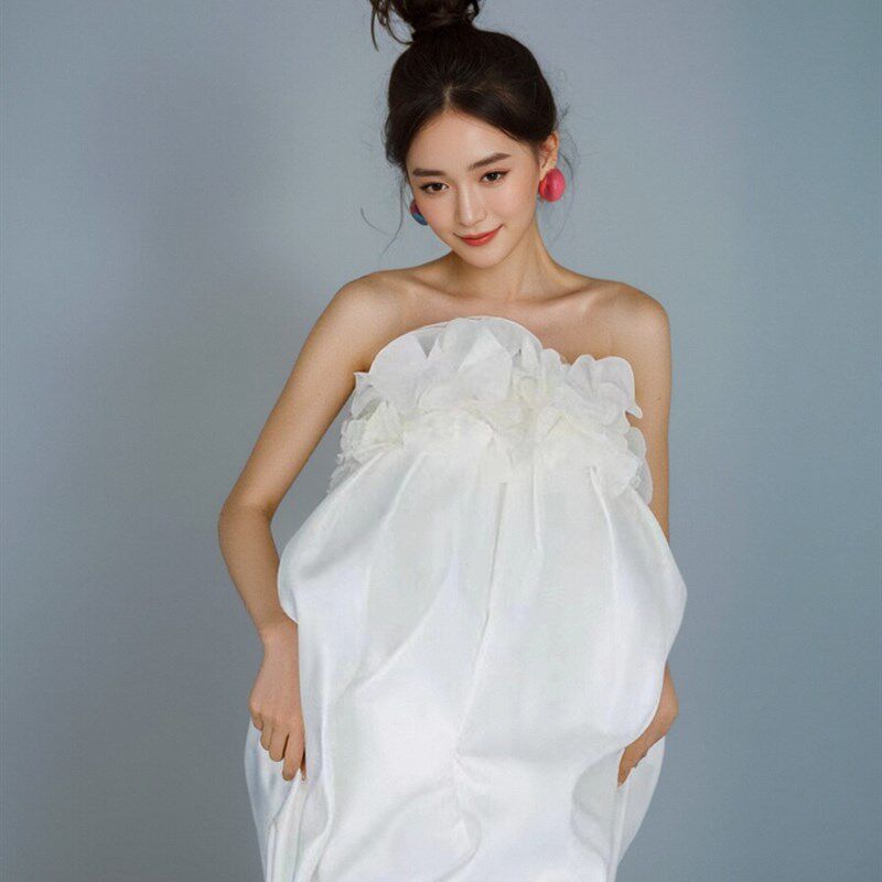 速发高级感一字肩抹胸新中式晨袍白色连衣裙新娘结婚出门纱婚礼小