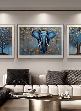速发0224年新款宝大象感箔客厅装饰画轻奢高级金发财树三联画