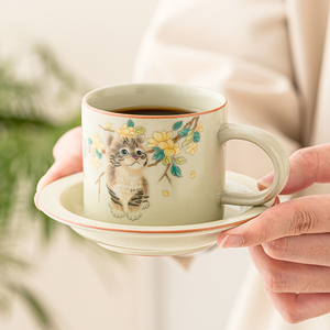 速发极素萌猫汝窑咖啡杯子精致茶杯士个人水杯牛奶杯碟套装