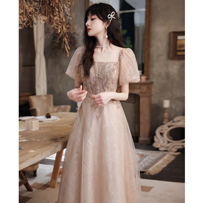 现货速发香槟色晚礼服裙轻奢小众高级感主持人200斤订婚伴娘连衣