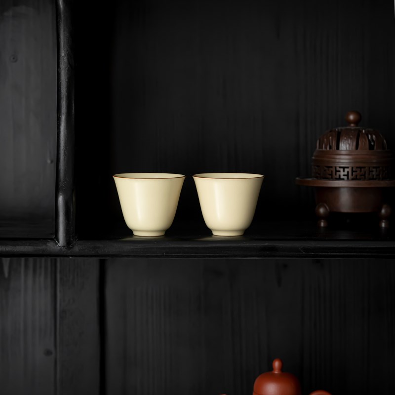 速发 汝窑米黄釉茶杯 手工陶瓷品茗杯功夫茶具喝茶小杯子主