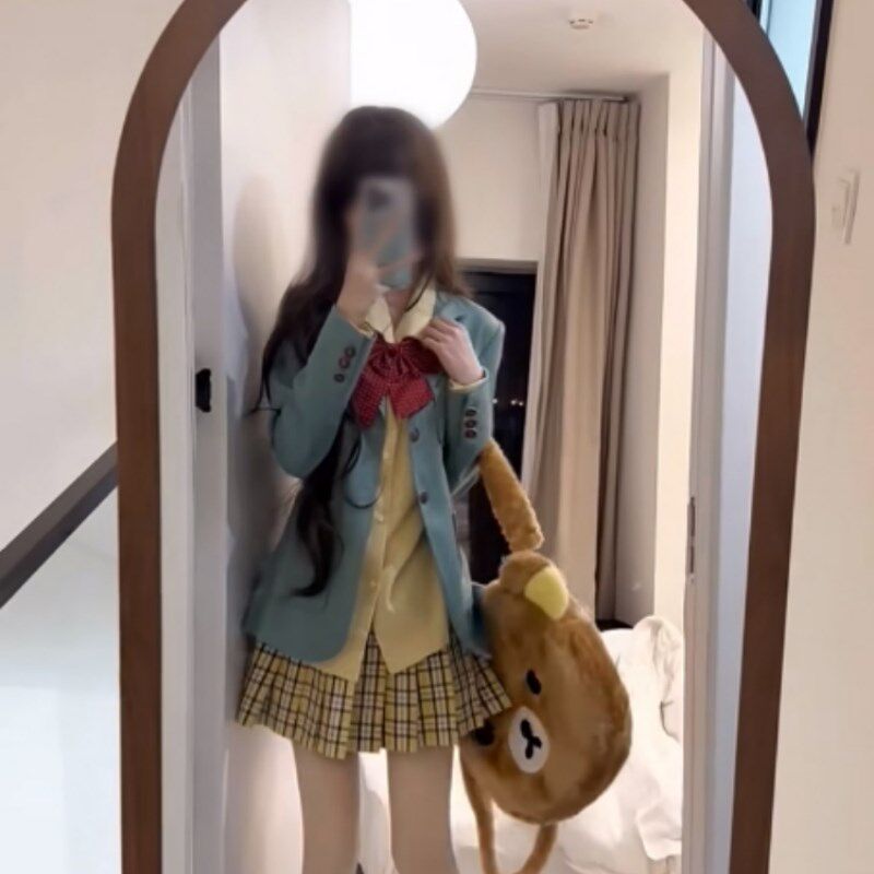 速发春季学院风高级感外套打底长袖甜辣格纹JK短裙子三件套