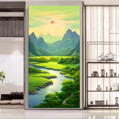 现货速发青山绿水入户玄关装饰贴画山水风景挂画客厅走廊过道竖版