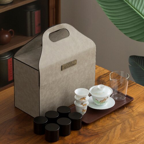 旅行茶具套装白瓷功夫茶具鹿慕溪水办公简约陶瓷S盖碗泡茶杯礼盒