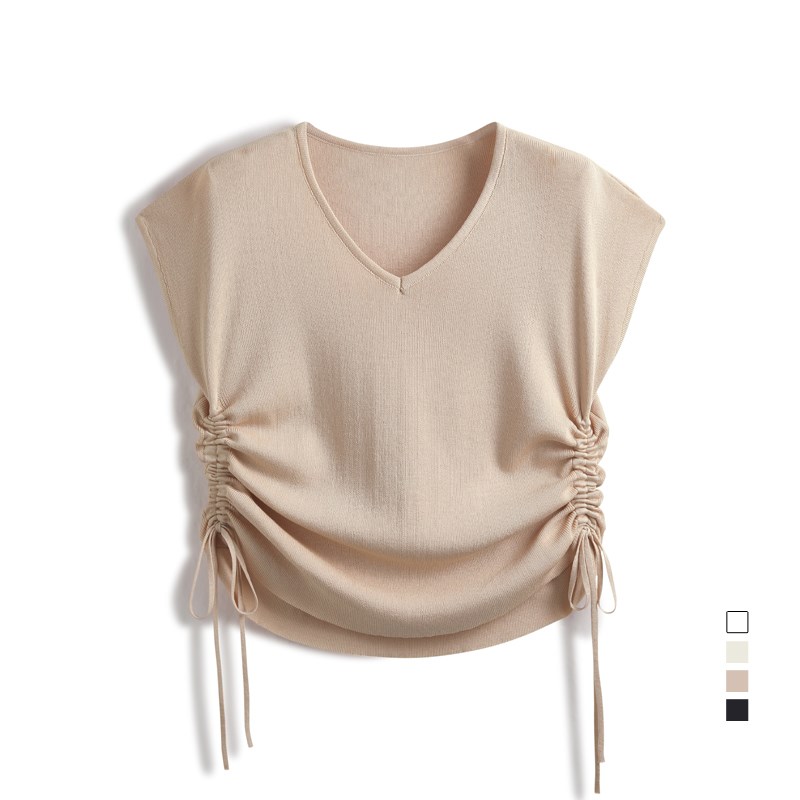气质简约甜辣风V领无袖t恤女夏季修身短款两侧抽绳针织背心上衣薄