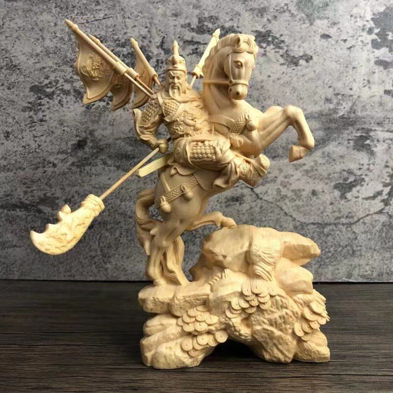 横刀关公金木水火土彩旗跃马武财神关羽骑马木雕关羽家居玄关摆件图片
