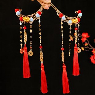 汉服女童冬款配饰古风财神发饰宝宝国风百搭喜庆头饰过年流苏对夹