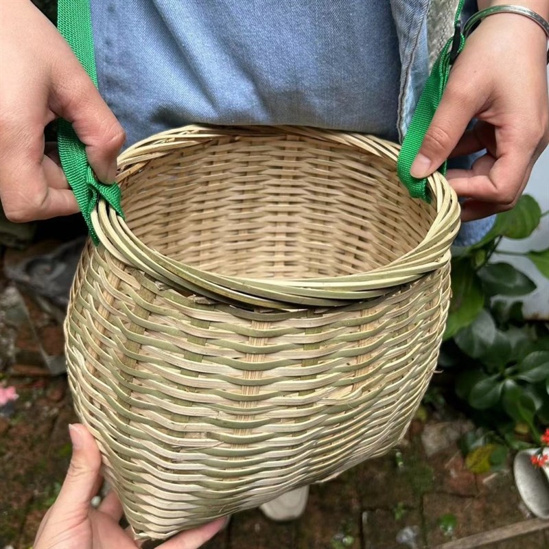 竹编采茶篓斜挎侧背采摘竹筐圆桶小号收纳筐表演道具竹背篓竹篮子