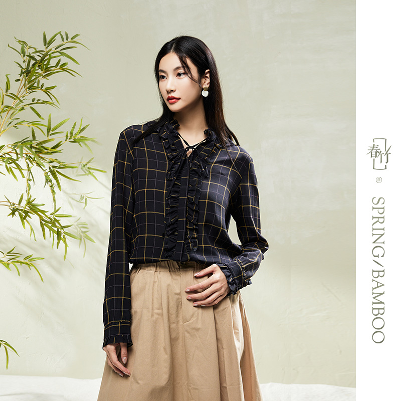 春竹春季新款100%桑蚕丝衬衫女百搭长袖真丝上衣立领格子衬衣