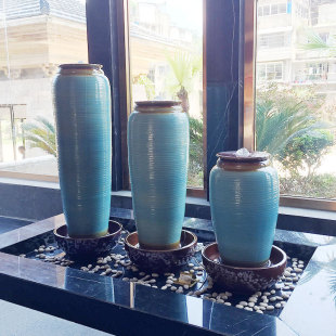 鱼池黑色涌水陶罐l客厅循环流水花瓶式加湿器冒水系摆件喷泉水景