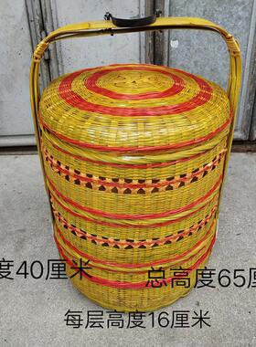全竹青带盖竹编h篮 手提送餐篮精编双层篮竹皮竹篮子竹制品婚庆篮