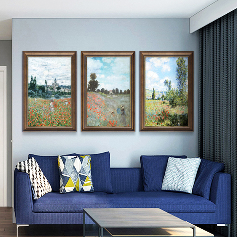 莫奈装饰画c世界名画梵高油画挂画客厅风景画墙画欧式三联画壁画