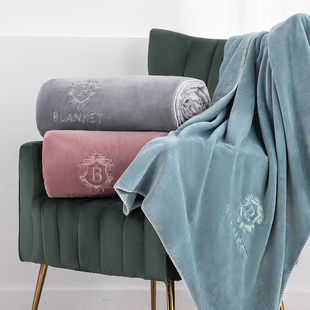 A类母婴美容院美容床专用毛毯z午睡刺绣午休空调沙发毯盖毯珊瑚绒