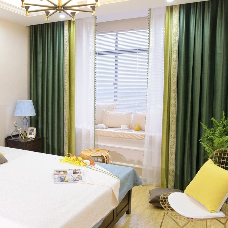 美式复古墨绿色丝绒窗帘欧式客厅卧室H遮光成品窗帘拼接款绿色绒,居家布艺,定制窗帘,淘宝优惠券,粉丝福利购,淘宝优惠卷