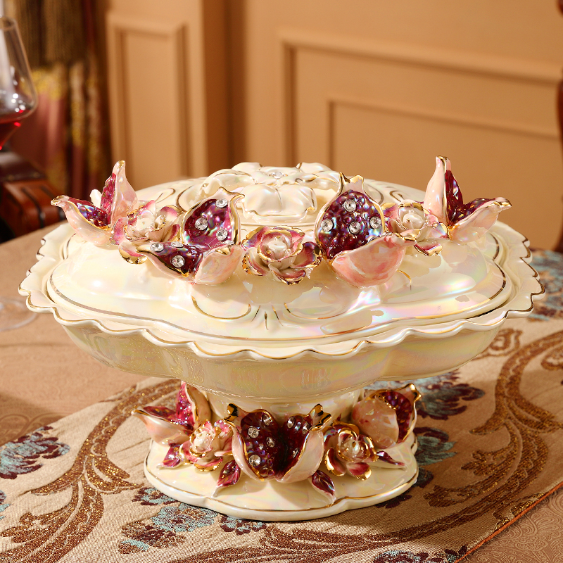 欧式陶瓷干果盘家用客厅茶几奢华高档干K果盒分格带盖糖果盘水果