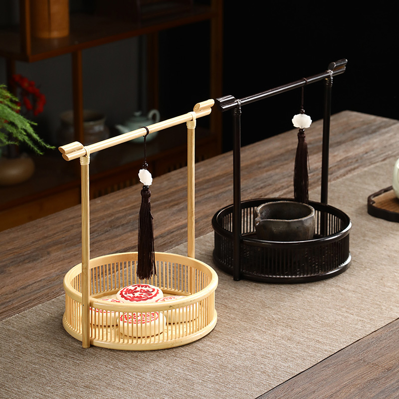 手工竹编创意h点心篮果篮零食篮子手提篮茶具收纳篮圆形复古竹制