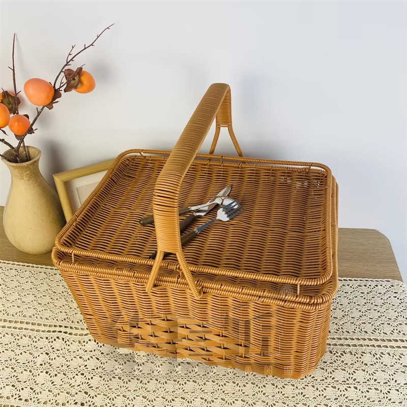 W085仿藤手工户外拜拜篮田园茶色长方形提篮收I纳筐43*31*24.5/42