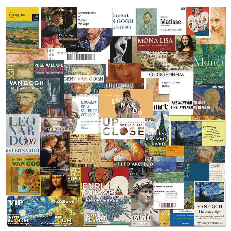 100张复古艺术油画票根手帐贴画蒙娜丽莎梵高古典装饰防水贴纸