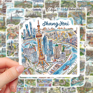 100张各个国家旅游地图著名建筑贴纸创意涂鸦装饰笔记本手账贴画