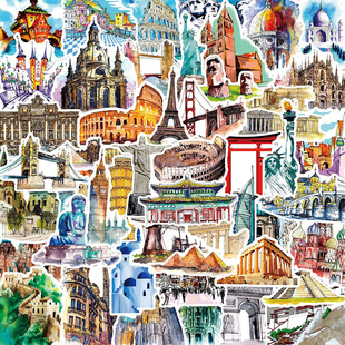 100张世界著名景点图鉴地标建筑贴纸个性文艺手账本手机桌面装饰