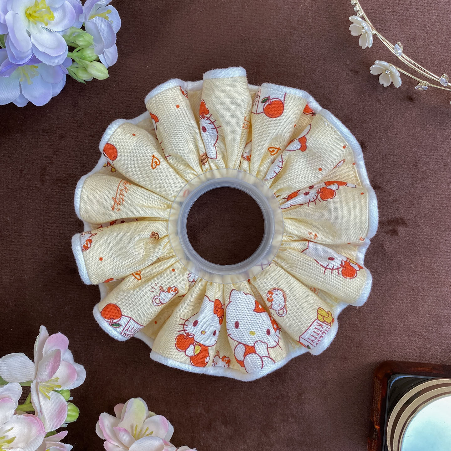 原创手作Kitty猫咪苹果大肠发圈包边卡通甜美可爱奶黄色头绳头饰