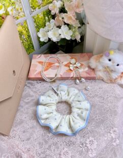 BM高级针织棉手作发圈米白色蓝波点包边大肠发圈日常甜美百搭学生