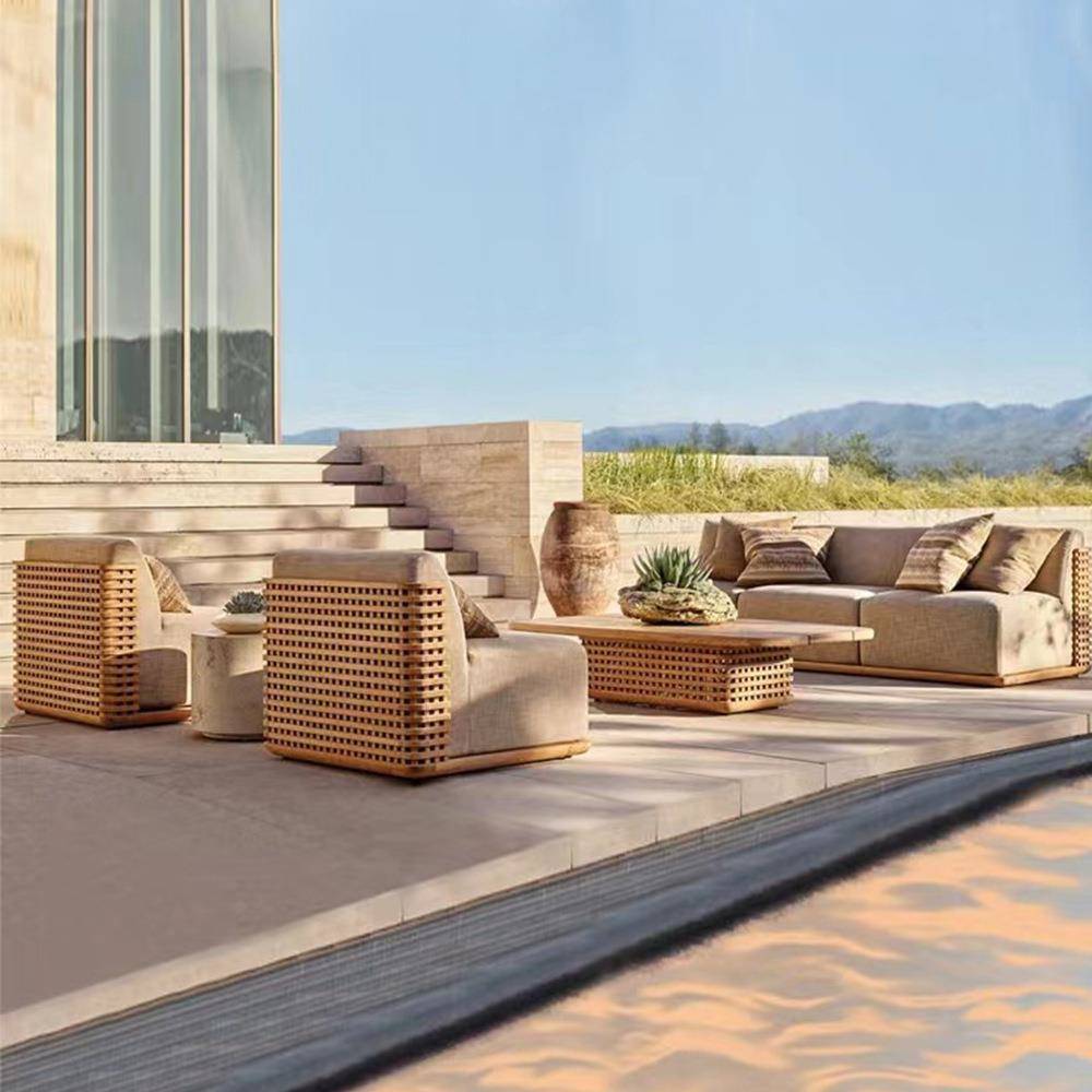 北欧户外柚木沙发庭院防水防晒别墅实木客厅室内沙发藤编酒店家具