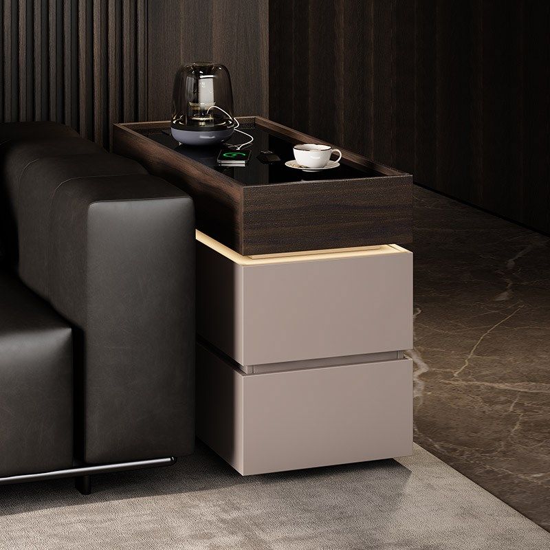 意式极简沙发边几轻奢高级感侧边柜带插座可移动茶几边柜带灯实木