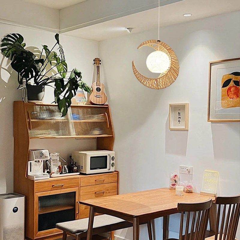 创意日式藤编艺术餐厅月亮灯田园风藤艺复古民宿麻绳吊灯中山灯具