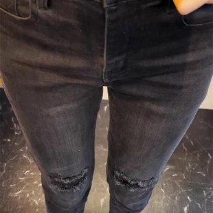 黑色高腰假破洞小脚牛仔裤女夏季薄款小个子修身显瘦弹力铅笔裤