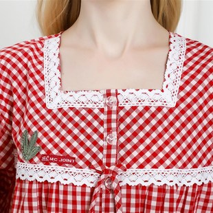 麦可将2023春秋女士长袖长裤梭织纯棉布格子方领优雅甜美睡衣4099